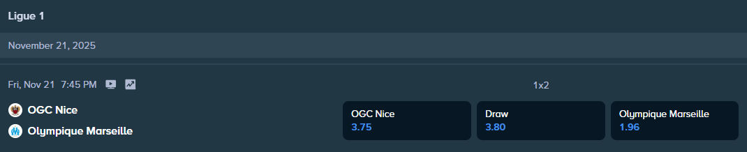 ligue 1 match betting odds from stake.com for nice and marseille